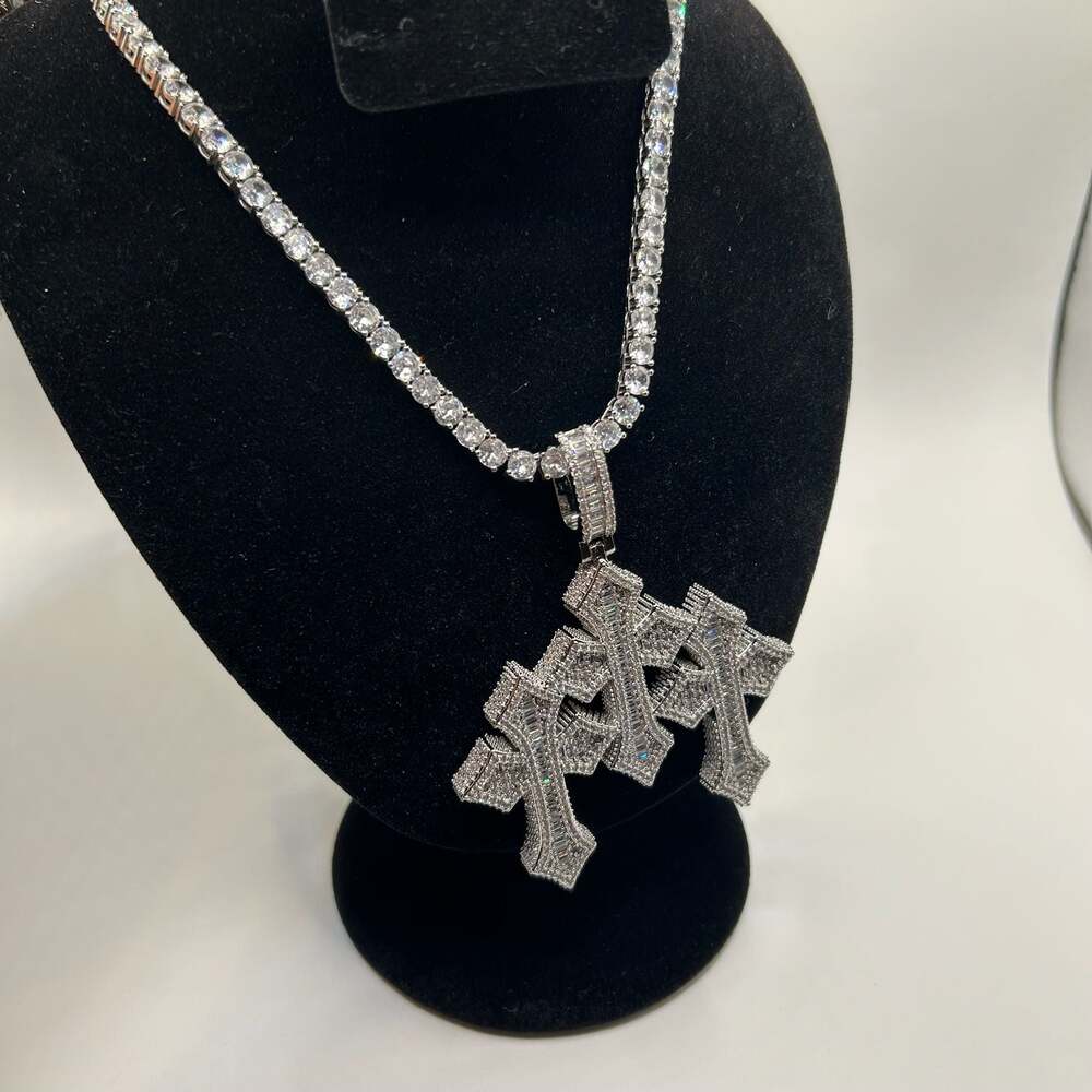 Moissanite Tennis Chain Pendant Set VVS1 5mm Silver Necklace 22” Triple Cross